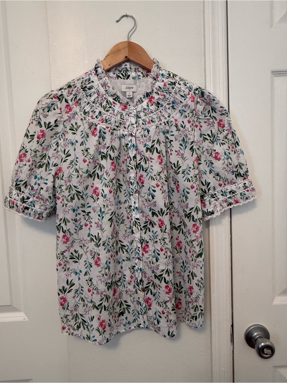 J. Crew White Floral Smocked Button-Front Blouse